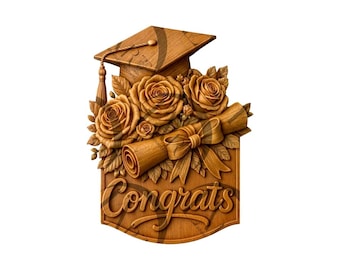 May include: Wooden graduation-themed plaque with a mortarboard, roses, and a scroll tied with a bow. The word "Congrats" is carved into the bottom. The plaque is a warm, natural wood color.
