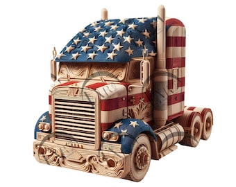 May include: A wooden model of a semi-truck, painted in the colors of the American flag. The truck has a detailed design and is a great example of woodworking craftsmanship.