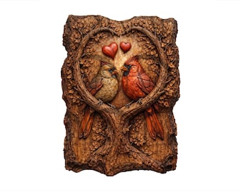 Cardinal Love Birds Heart Tree – 3D Illusion Laser Engraving Design | Romantic Wood Anniversary gift | Valentine & Wedding Decor. Co2, Diode