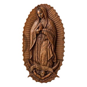 May include: A detailed wooden carving of a religious figure, featuring a woman with clasped hands, wearing a draped garment and a veil adorned with stars. The figure is set against a radiant, oval-shaped backdrop, with an angel at the base.