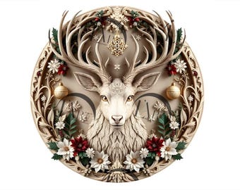 May include: A white deer head with antlers is surrounded by a wreath of flowers, leaves, and ornaments. The wreath is carved in a detailed, ornate style and has a gold and brown color scheme.