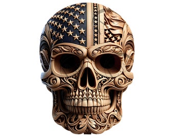 American Skull 3D Illusion Laser Engraving Design - USA Flag Patriotic Skull - US Veterans Laser cut Gothic Skull. CO2, Diode, Glowforge.