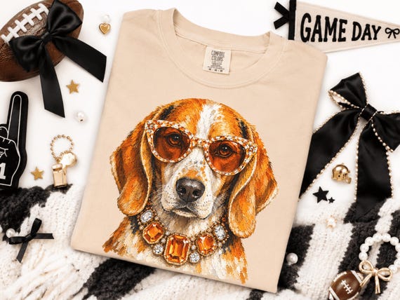 Bling Hound Dog PNG | Orange and White Gameday Shirt | Glam Coonhound Tennessee Fan Gift