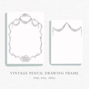 May include: Two vintage pencil drawing frames with floral designs. The frame on the left has a full border, while the frame on the right has a partial border.