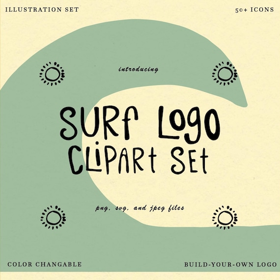 Surf Logo Clipart Set – 50+ Hand-Drawn Icons | Build-Your-Own Logo Kit | Editable, Commercial Use | PNG SVG JPEG