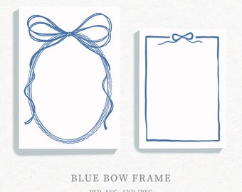 Blue Bow WEDDING CLIPART, Hand Drawn Ribbon Border Icon, Vintage Blue Bow Wedding Frame and Crest, PNG Files Bow and Ribbon
