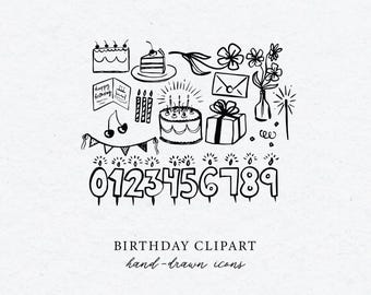 Happy Birthday Clipart, Hand-Drawn B-Day Party Clipart Images, party balloons and banners, cake doodle, Hand-drawn birthday clipart