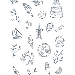 May include: A collection of hand-drawn illustrations featuring nautical and celebratory elements. Includes a sailboat, seashells, cake, ice cream cone, crab, oyster, champagne bottle, and a lighthouse. All elements are in a simple, monochromatic style.