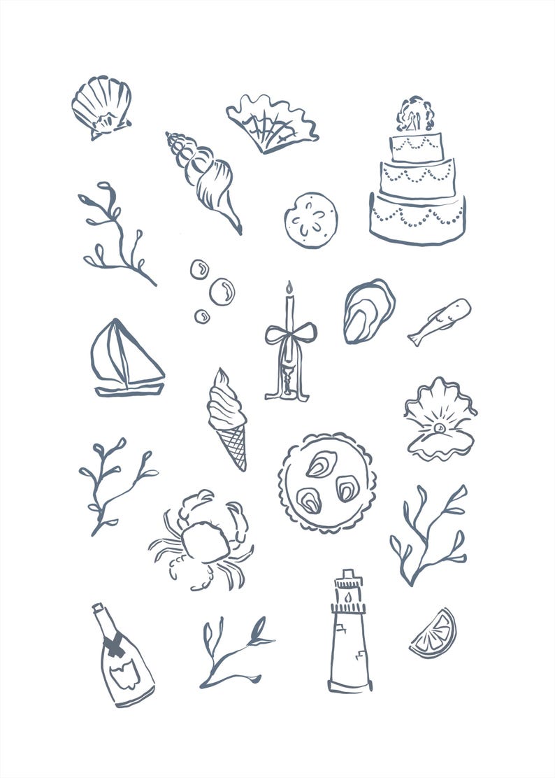May include: A collection of hand-drawn illustrations featuring nautical and celebratory elements. Includes a sailboat, seashells, cake, ice cream cone, crab, oyster, champagne bottle, and a lighthouse. All elements are in a simple, monochromatic style.