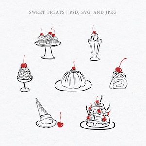 Sweet Treats Icons, Hand Drawn Ice Cream Clipart, Ice Cream Sundae Image, Dessert Illustration, Food Clipart