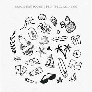 Stranddag Clipart-pictogrammen, handgetekende elementen, kust, oceaan, vrijgezellenfeest, kust vrijgezellenfeest grillige doodle illustratie