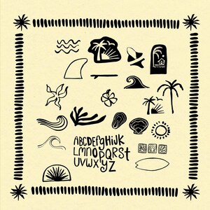 May include: Black and white illustrations of beach-themed elements, including waves, palm trees, a surfboard, and an alphabet, arranged on a cream-colored background. The design is framed with a black border featuring palm trees and vertical lines.
