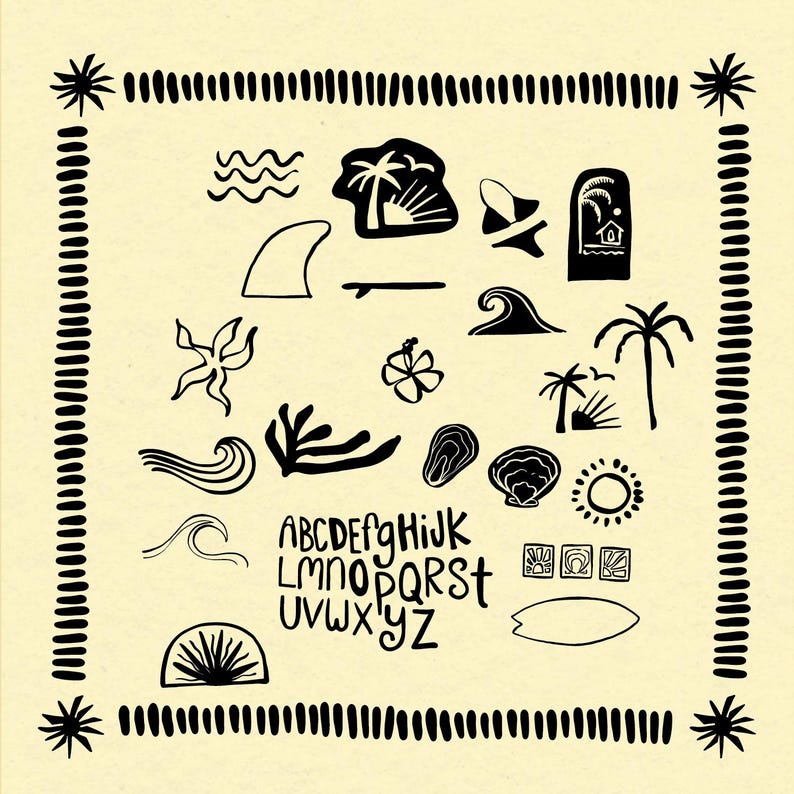 May include: Black and white illustrations of beach-themed elements, including waves, palm trees, a surfboard, and an alphabet, arranged on a cream-colored background. The design is framed with a black border featuring palm trees and vertical lines.