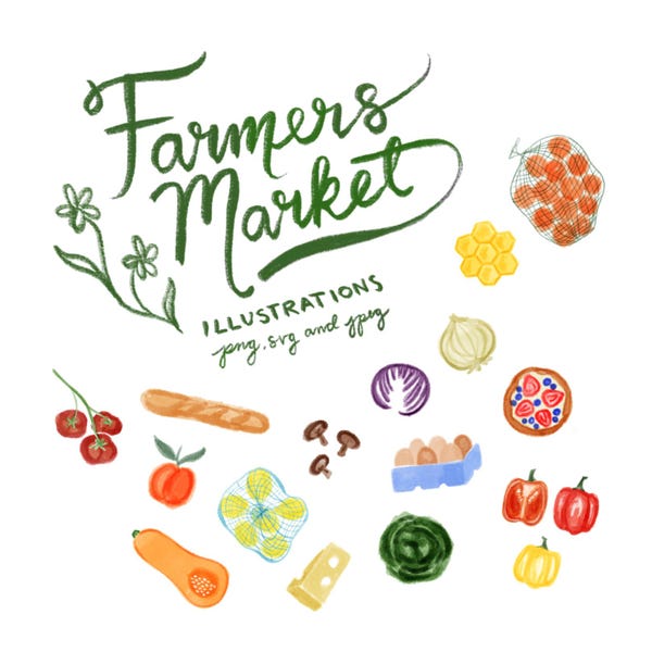 Paquete de imágenes prediseñadas del mercado de agricultores: ilustraciones lineales SVG y PNG dibujadas a mano: productos, cestas, herramientas de jardinería, íconos de carpas para invitaciones y letreros.