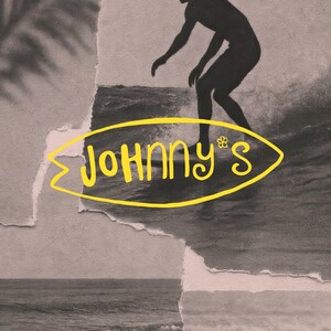 May include: A vintage-style collage featuring a surfer riding a wave. The image is in black and white with a yellow surfboard-shaped logo that reads "Johnny's". The background has a torn paper effect, adding a retro aesthetic.