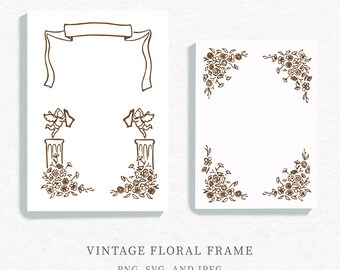 Marco floral vintage para boda, clipart, invitación con marco con escudo vintage, clip art floral, arte lineal, marco caprichoso con flores dibujado a mano.
