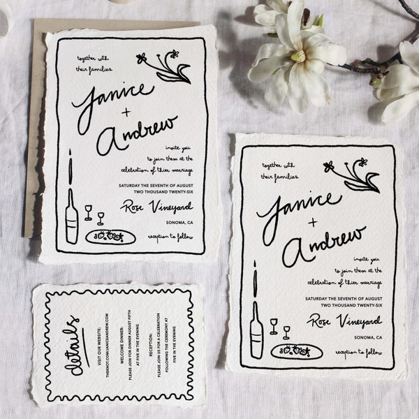 Hand Drawn WEDDING INVITATION SET | Quirky Unique Handwritten Calligraphy Wedding Invitation Set + Scribble Squiggle Drawings + Details Card