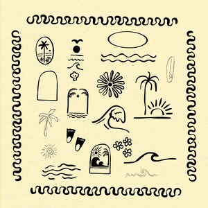 May include: A collection of black line art illustrations on a light yellow background. The drawings include palm trees, waves, flowers, a surfboard, and other beach-themed elements. A wavy border frames the images.