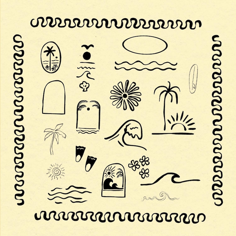 May include: A collection of black line art illustrations on a light yellow background. The drawings include palm trees, waves, flowers, a surfboard, and other beach-themed elements. A wavy border frames the images.