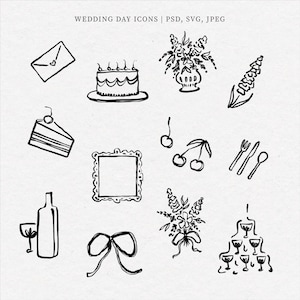 Whimsical Wedding SVG Clipart Bundle with Illustrations, Icons, Doodles for Wedding Invitations, Menu, Bridal Invites
