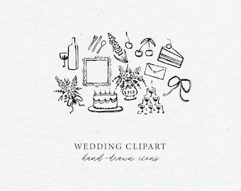 Paquete de imágenes prediseñadas SVG de boda con ilustraciones, iconos y garabatos para invitaciones de boda, menús e invitaciones de novia.