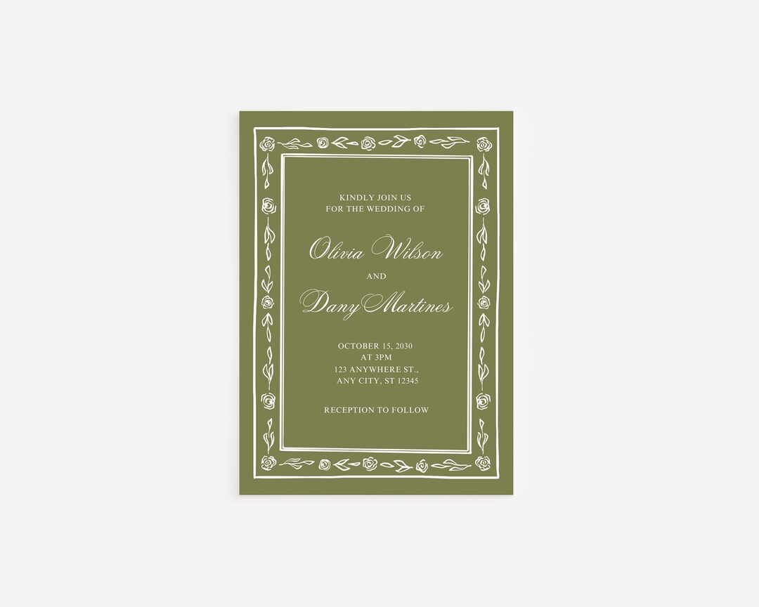 Olive Green Wedding Invitation Template Handdrawn Rose Border