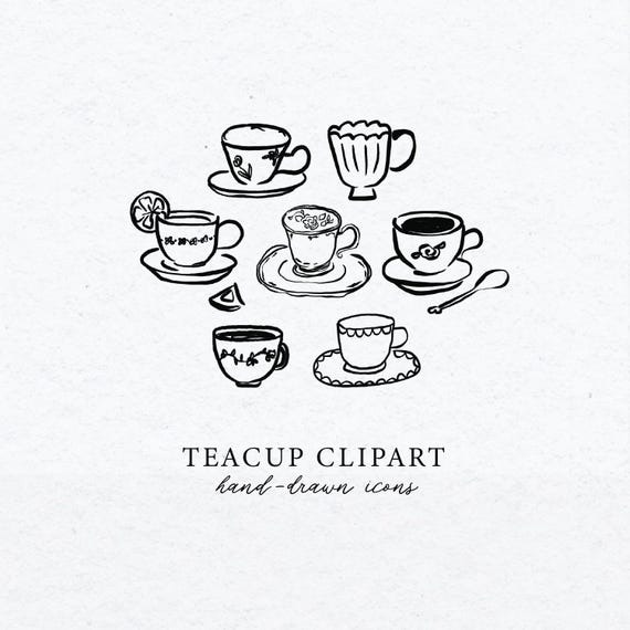 Teetasse Clipart, Geschirr Illustration, handgezeichnete Hochzeitseinladung Karte Geschirr Symbol, Zeichnung Linie Kunst Löffel Teller Gabel Kunst