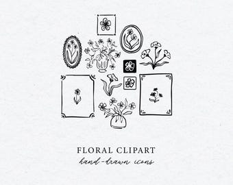 Floral Pen Drawing CLIPART, Hand-drawn Line Art Flower Illustrations, Hand Drawn Fine Art, Line Drawn Clip Art, Instant Download Art