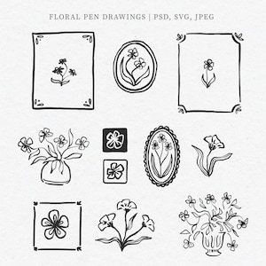 Desenho floral a caneta CLIPART, Ilustrações de flores desenhadas à mão, Belas artes desenhadas à mão, Clip art desenhado a linha, Download instantâneo de arte