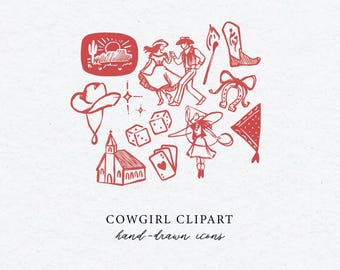 Cow Girl Clipart - Western bachelorette party - Wedding Invitation Bridal Shower - Hand Drawn Western Doodle Clipart - Cowgirl Bach