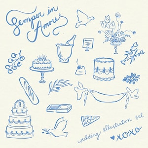 Paquete de imágenes prediseñadas de arte lineal "Semper in Amore" para bodas de destino. Ilustraciones florales y de viajes minimalistas para invitaciones, mapas y papelería.