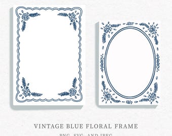 Vintage Blue Floral Frame WEDDING CLIPART, Blue Border clipart, Line art, Vector frames, Hand-drawn clip art, floral border