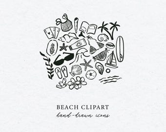 Beach Day Clipart Icons, hand drawn elements, Seaside, Ocean, Bachelorette Party, Coastal Bachelorette Whimsical Doodle Illustration