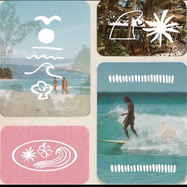 May include: A collage of beach scenes with white line art and a retro aesthetic. The images include surfers, beachgoers, and tropical elements like palm trees and waves. The color palette is soft, with blues, pinks, and sandy tones.