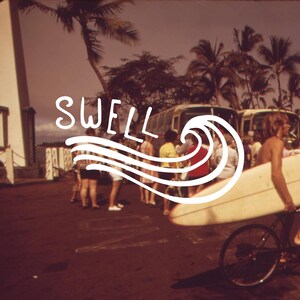 May include: Vintage-style image with the word "SWELL" in white script, accompanied by a stylized wave graphic. A person carries a surfboard on a bicycle, with a crowd and palm trees in the background. The scene evokes a retro surf culture vibe.