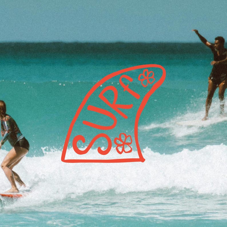 May include: A vibrant image of surfers riding waves in the ocean. A red surfboard-shaped graphic with the word "SURF" and flower designs is superimposed on the scene. The water is a bright turquoise color.