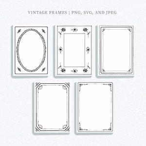 Op de afbeelding: Vijf zwart-witte vintage kaderillustraties met verschillende sierlijke ontwerpen. De frames zijn allemaal rechthoekig behalve één die ovaal is.