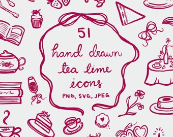 Hand Drawn Tea Time Illustration Set, SVG PNG JPG, Icon, Clipart, scribble. Weddings, Bachelorette