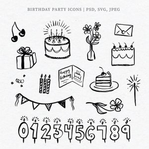 Clipart de feliz aniversário, imagens de clipart de festa de aniversário desenhadas à mão, balões e banners de festa, rabiscos de bolo, clipart de aniversário desenhado à mão
