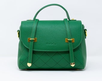 Top handle green handbag, green crossbody bag, clutch purse, quilted vegan leather, everyday purse