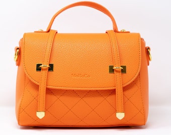 Top handle orange handbag, orange crossbody bag, clutch purse, quilted vegan leather, everyday purse, cute coral purse