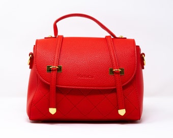 Top handle red handbag, red crossbody bag, clutch purse, quilted vegan leather, everyday purse