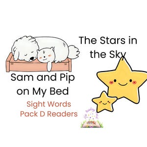 Puede incluir: Ilustración de libro infantil con un perro blanco y un pequeño oso blanco durmiendo en una cama. El texto dice "Sam y Pip en mi cama". También se muestran dos estrellas amarillas con caras sonrientes, con el texto "Las estrellas en el cielo".