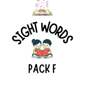Może przedstawiać: Na białym tle napis "SIGHT WORDS" pogrubioną, zakrzywioną czcionką w kolorze czarnym. Poniżej tekst "PACK F" w podobnej czcionce. Ilustracja przedstawia dwoje dzieci czytających czerwoną książkę. U góry logo: "The Reading Patch".