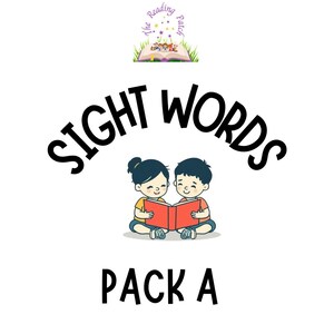 May include: A white background with the text "SIGHT WORDS" in large black letters. Below the text is an illustration of two children reading a red book. The text "PACK A" is below the illustration. The top of the image has a logo with the text "The Reading Patch".