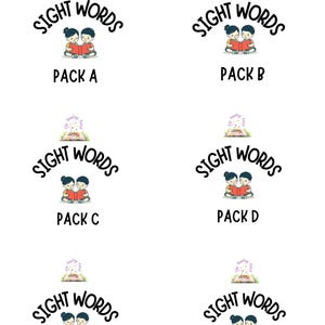 Puede incluir: Fondo blanco con seis ilustraciones. Cada ilustración presenta las palabras "SIGHT WORDS" sobre una imagen de dos niños leyendo un libro. Debajo, la etiqueta: Pack A, B, C, D, E y F.