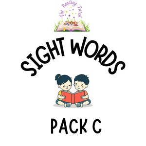 Puede incluir: Fondo blanco con las palabras "SIGHT WORDS" en fuente negra curvada. Debajo, una ilustración de dos niños leyendo un libro rojo. El texto "PACK C" está debajo. La parte superior de la imagen tiene el texto "The Reading Patch".