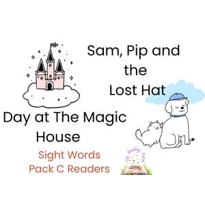 Puede incluir: Ilustración de libro infantil con un castillo rosa sobre una nube, un perro con gorra azul y un gato. El texto incluye "Sam, Pip y el Sombrero Perdido" y "Un Día en la Casa Mágica".