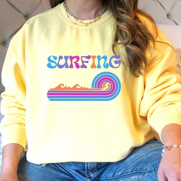 Surfing Sweatshirt with groovy font | Vintage surfer design hoodie | Comfort Colors Sweatshirt | Gift for Hang Ten Surfer