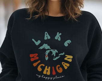 Lake Michigan Crewneck Sweatshirt, My Happy Place Sweater, Unique Michigan gift for her, Beach life pullover, Great Lakes apparel